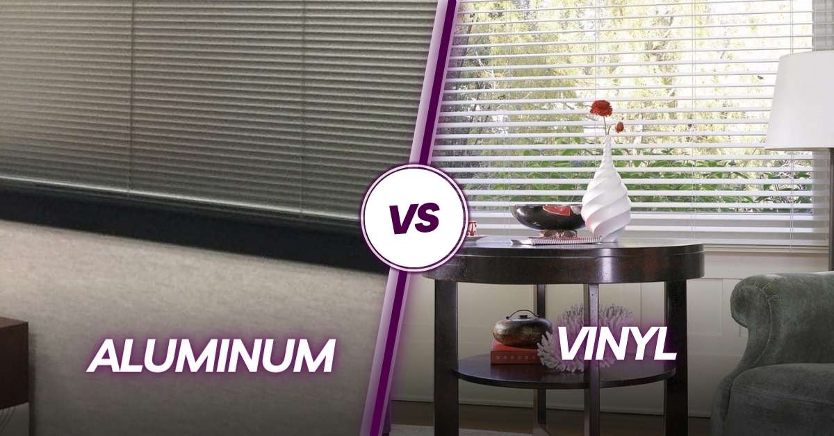 Comparison image showcasing the style and design options for aluminum and vinyl blinds