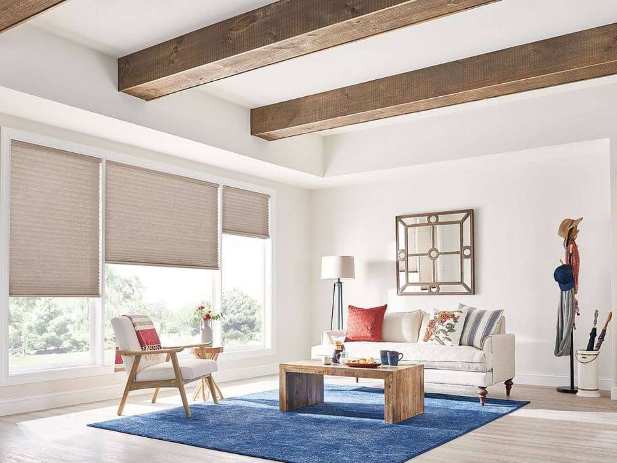 Graber Nude Colored Cellular Shades in the Living Room