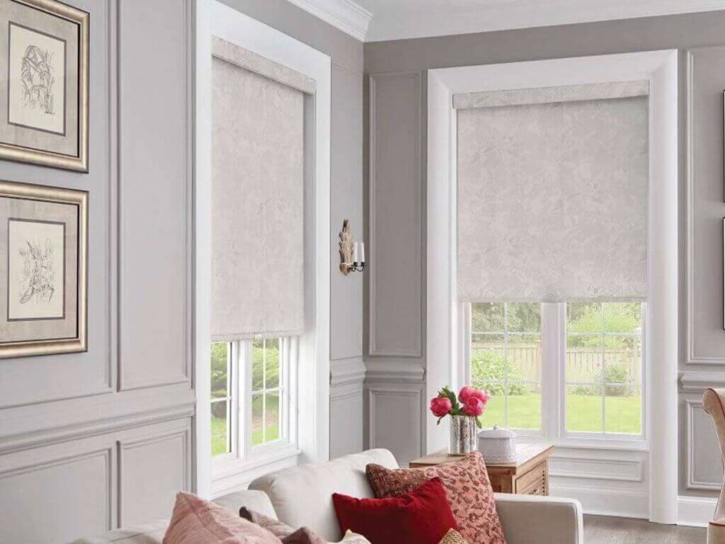 Graber White Textured Roller Shades in Living Room