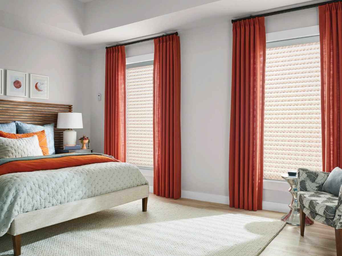 Patterned Sheer Shades Layered with Drapes