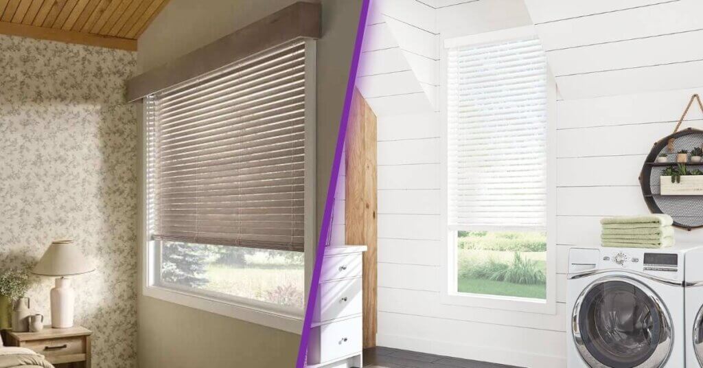 Side-by-side comparison of wood blinds in a bedroom and faux wood blinds in a bright laundry room