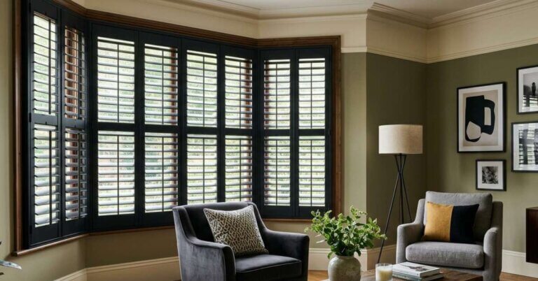 This is a photo of a black composite plantation shutters in a sitting room